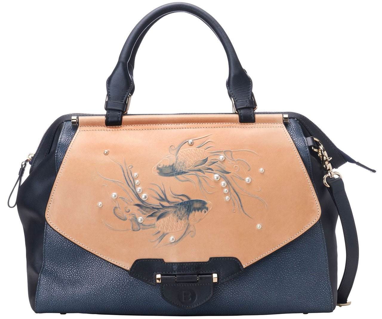 Bellorita - Koi Large Blue Satchel - Hand Carved and Painted - 1 COLOR -