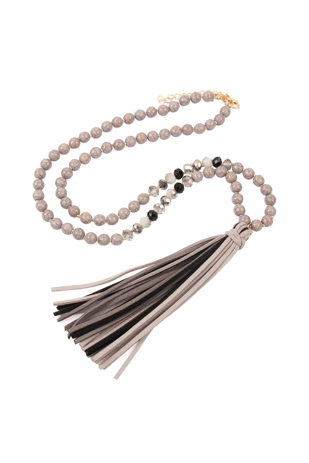 Riah Fashion - Colorful Natural Stone Glass Beads Leather Tassel Necklace - 7 COLORS -