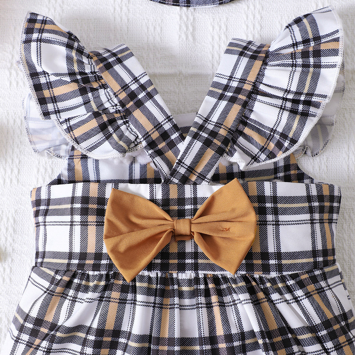 Plaid Square Neck Bow Detail Jumpsuit with Hat - T - 5 SIZES - 1 COLOR -