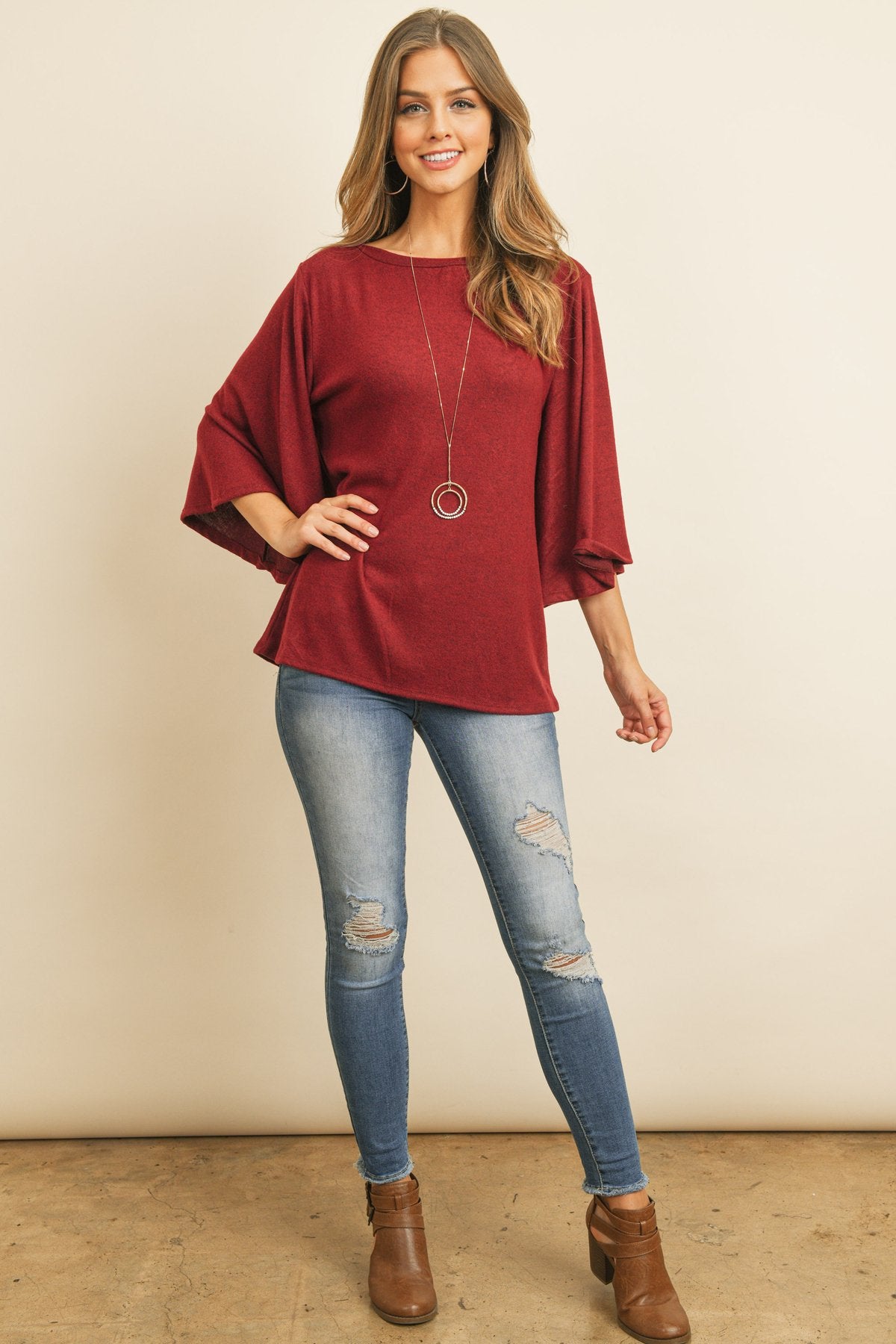 Riah Fashion - Boat Neck Bell Sleeve Solid Hacci Brushed Top - 6 COLORS -