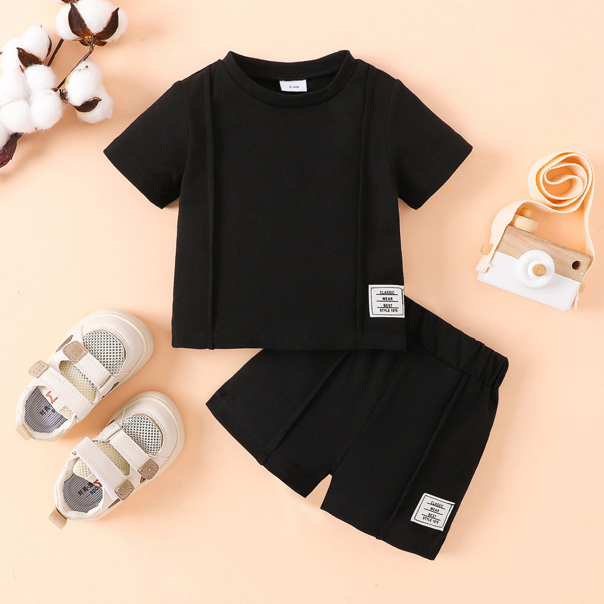 Round Neck Short Sleeve Tee and Shorts set - 2 PCS - T - 1 COLOR -