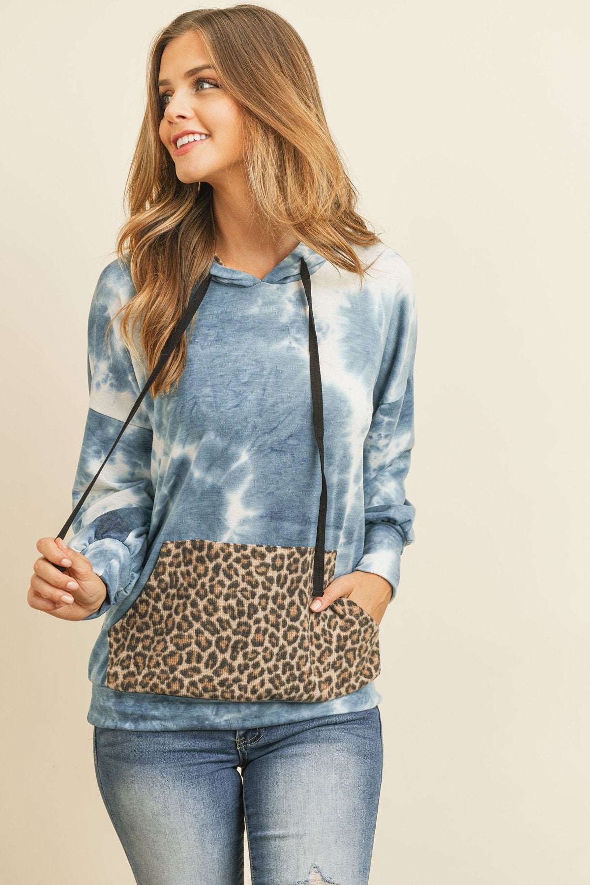 Riah Fashion - Tie Dye Long Sleeve Leopard Contrast Pocket Hoodie With Drawstrings - 1 COLOR -