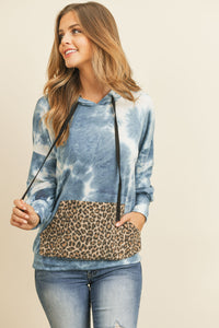 Thumbnail for Riah Fashion - Tie Dye Long Sleeve Leopard Contrast Pocket Hoodie With Drawstrings - 1 COLOR -