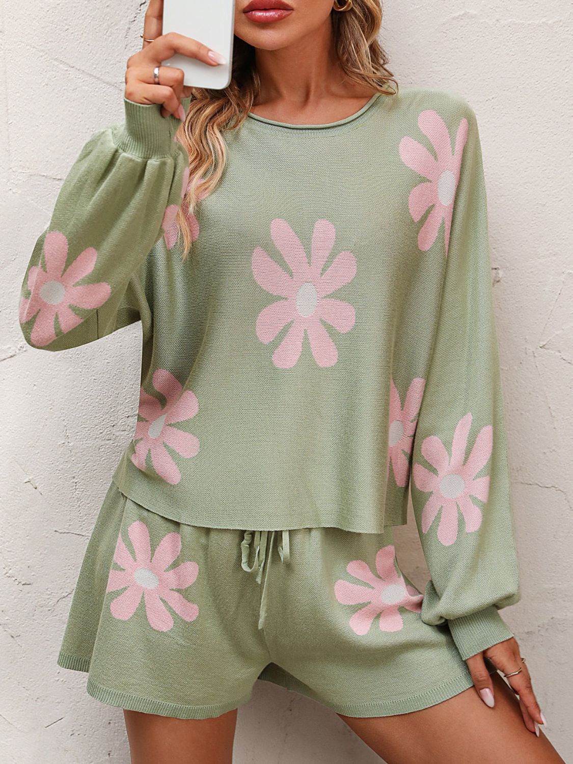 Floral Print Raglan Sleeve Knit Top and Tie Front Sweater Shorts Set - K - 4 COLORS -