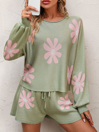 Thumbnail for Floral Print Raglan Sleeve Knit Top and Tie Front Sweater Shorts Set - K - 4 COLORS -