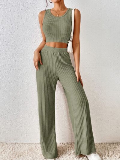 Ribbed Round Neck Tank and Pants Cropped Sweater Set - 2 PCS. - T - 5 COLORS -