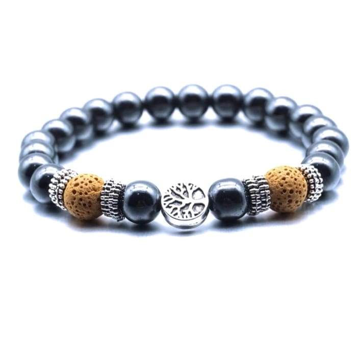 Yellow Tree of Life Lava Stone Metal Bracelet -