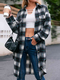 Thumbnail for Plaid Collared Neck Button Down Longline Jacket - T - 4 COLORS -