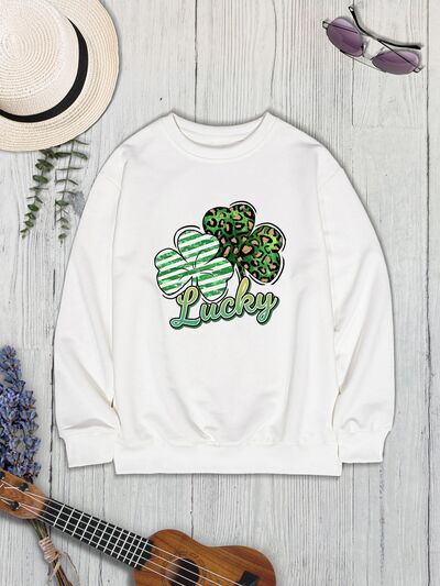 Lucky Clover Round Neck Dropped Shoulder Sweatshirt - T - 3 COLORS -