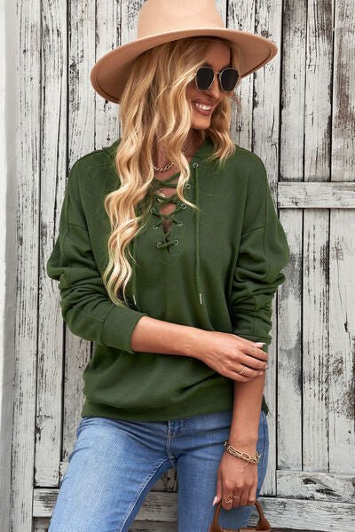 Lace-Up Dropped Shoulder Hoodie - T - 8 COLORS -