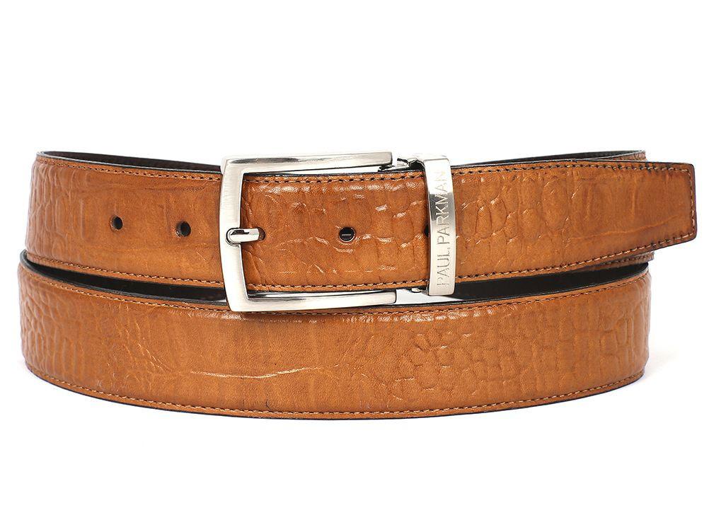 PAUL PARKMAN - Men's Croc Embossed Calfskin Belt Camel -