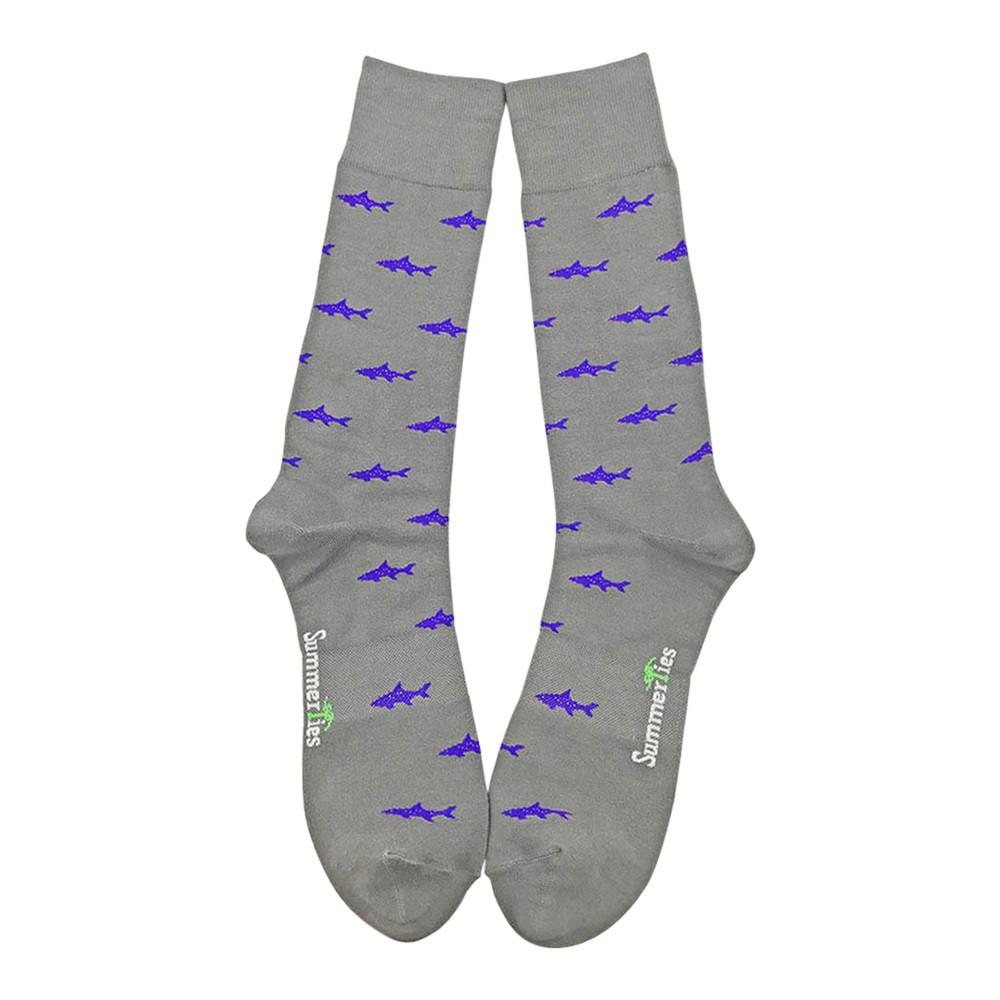 Summer Ties - Shark Socks - Men's Mid Calf - Purple on Gray - 1 COLOR -