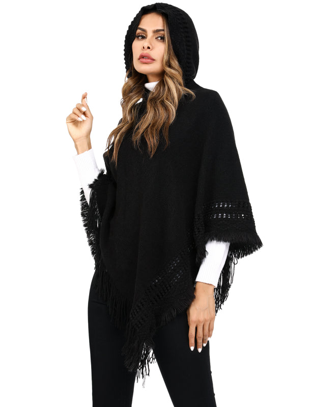 Women's Print or Plain Fringe Hooded Knit Cape Shawl - K - 2 Print patterns - 4 COLORS -