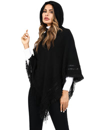 Thumbnail for Women's Print or Plain Fringe Hooded Knit Cape Shawl - K - 2 Print patterns - 4 COLORS -