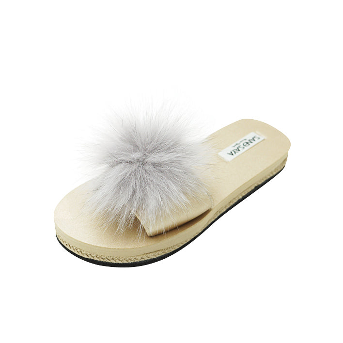 SAND BY SAYA N.Y. - Mink Pom Pom Real Fur Slide - Espadrille Slide Flat Sandals for Women - 1 COLOR -