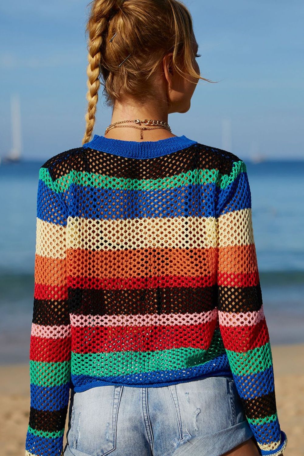 Rainbow Stripe Openwork Long Sleeve Cover-Up - T - 1 COLOR -