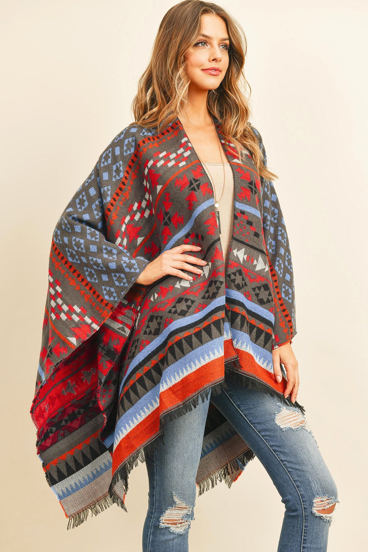 Riah Fashion - Native American Pattern Open Front Kimono - 1 COLOR -