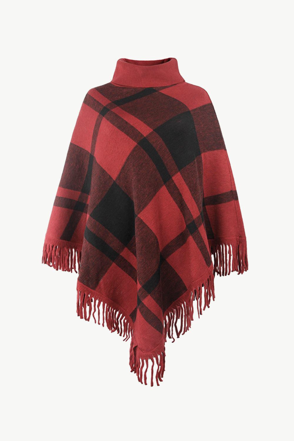 Plaid Turtleneck Fringe Hem Poncho - ONE SIZE FITS ALL - K - 5 COLORS -