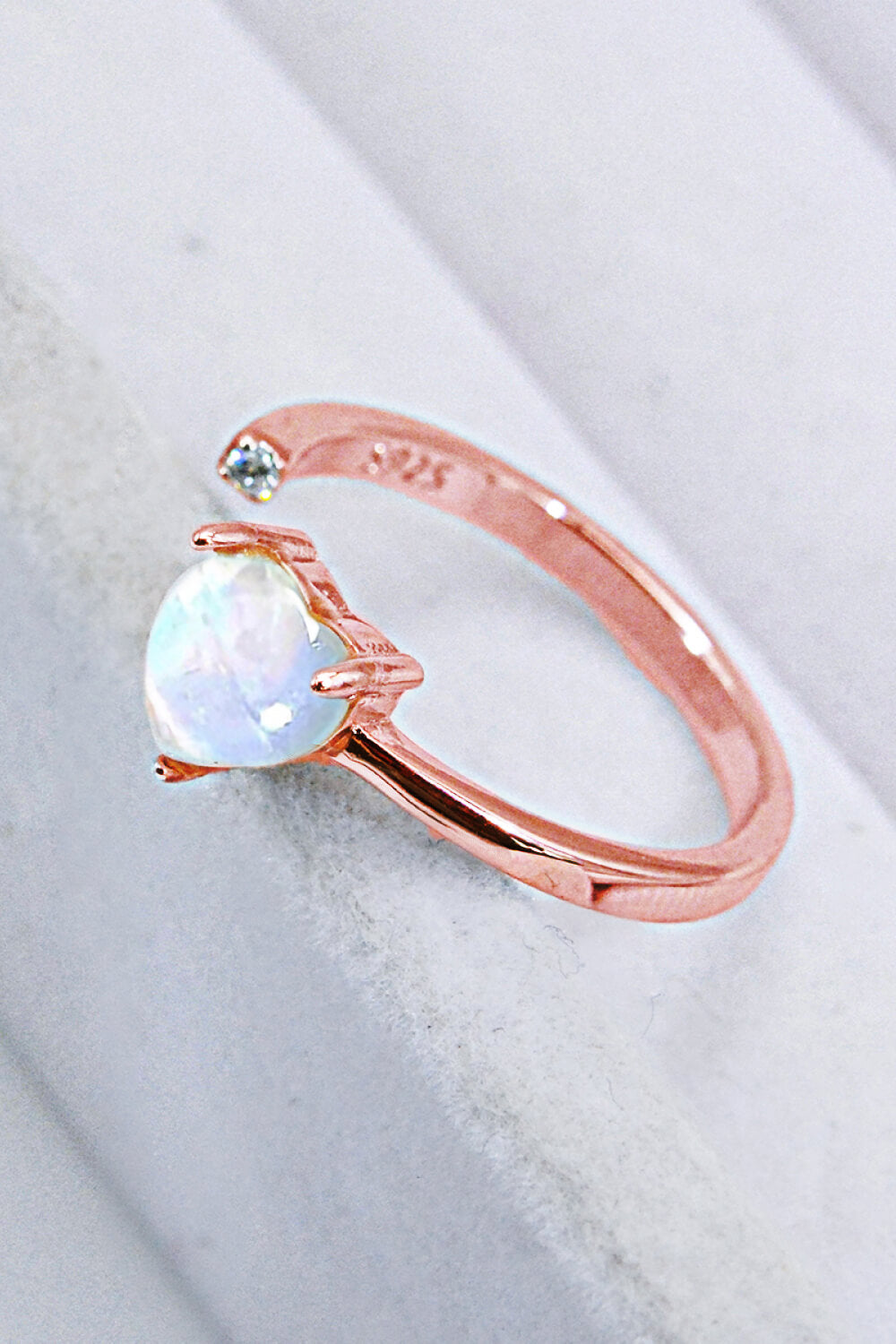 Inlaid Moonstone Heart Adjustable Open Ring - T - 1 SIZE FIT - 2 FINISHES -