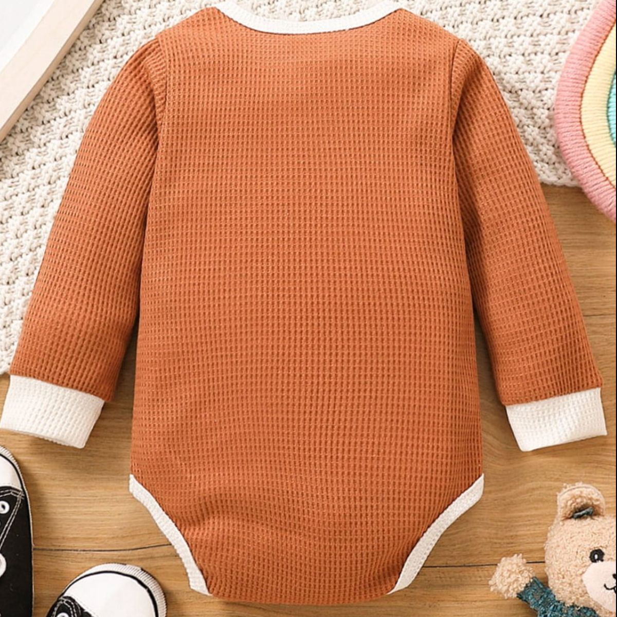 Baby Contrast Trim Waffle-Knit Long Sleeve Bodysuit - T - 5 SIZES - 2 COLORS -