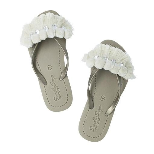 SAND BY SAYA N.Y. - White Pom Pom Fringe - Embellished Flat Flip Flops Sandal - 4 COLORS -