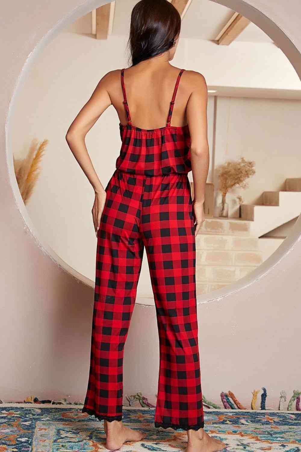 Plaid Lace Trim Spaghetti Strap Jumpsuit - T - 1 COLOR -