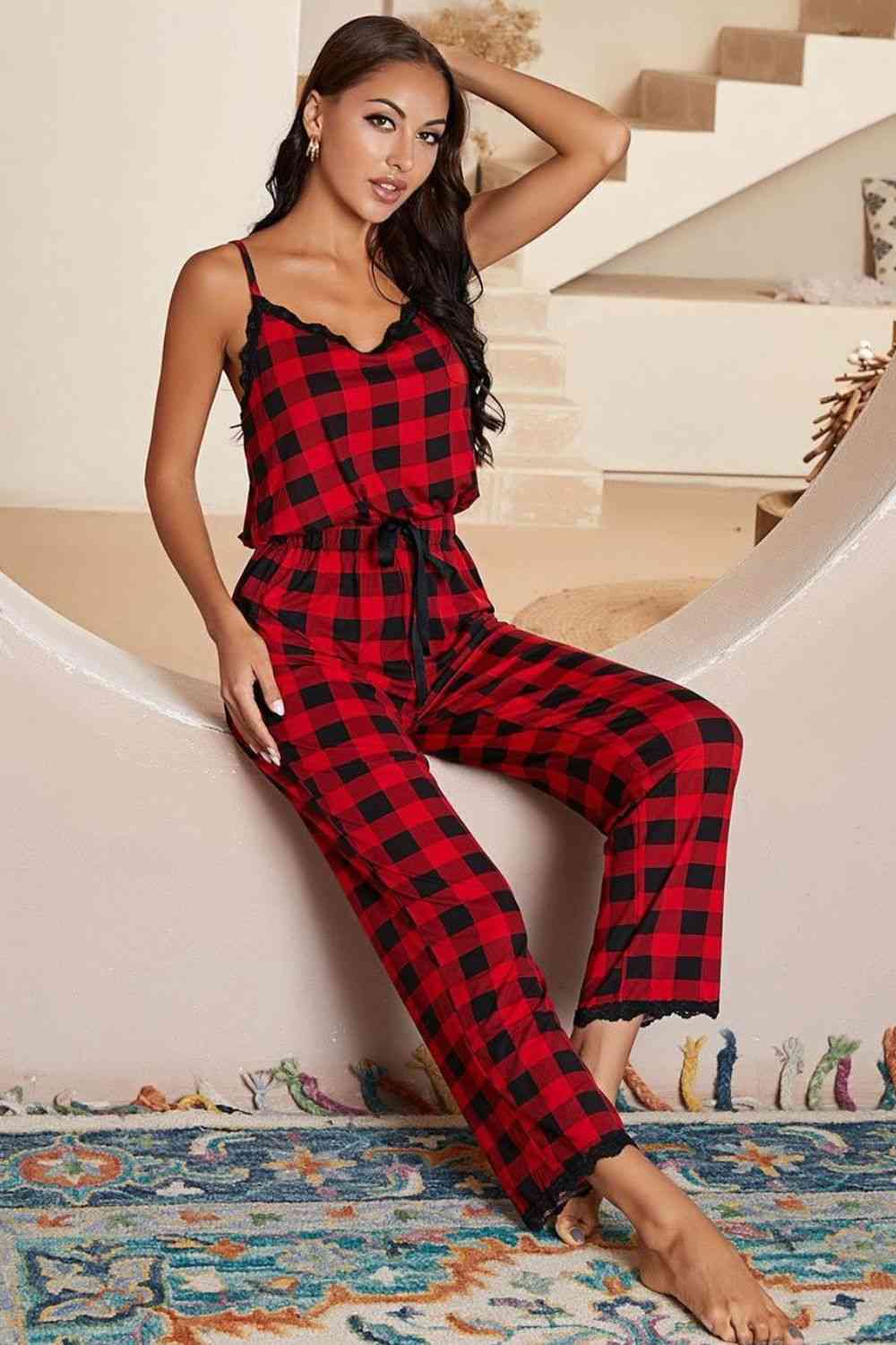 Plaid Lace Trim Spaghetti Strap Jumpsuit - T - 1 COLOR -