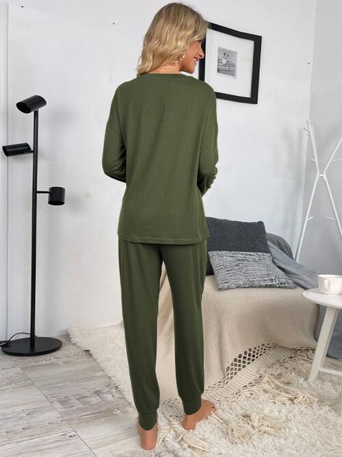 Round Neck Top and Drawstring Pants Lounge Set - 2 PCS. - T - 4 COLORS -