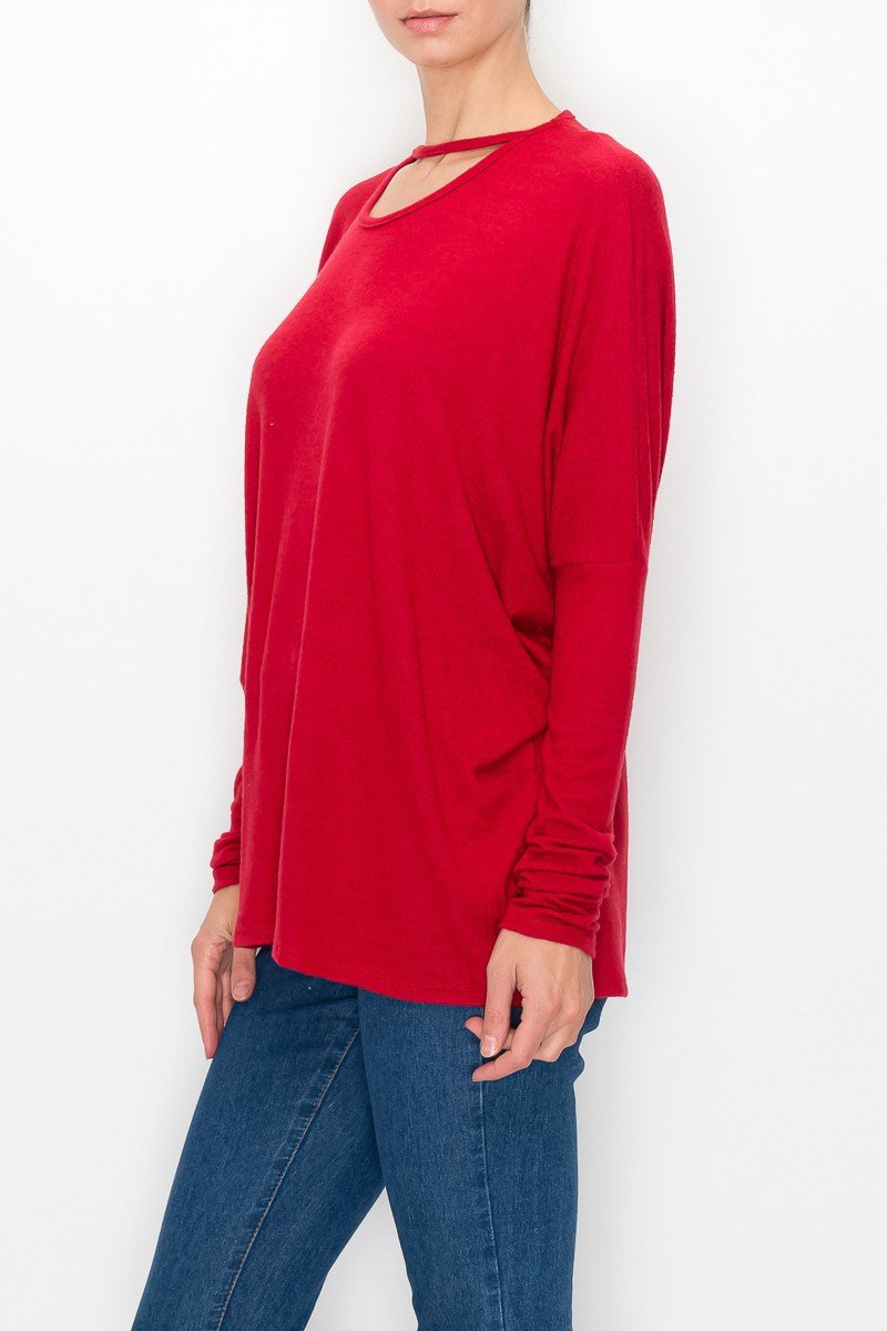 Stylespect - Cutout Front Long Sleeve Top - Red - 1 COLOR -