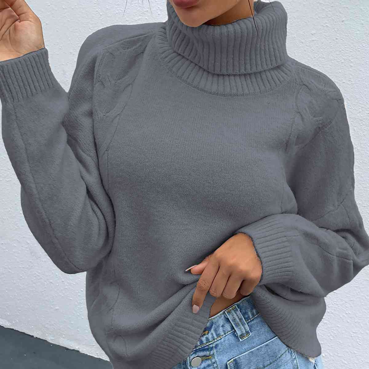 Turtleneck Dropped Shoulder Long Sleeve Sweater - T - 4 COLORS -