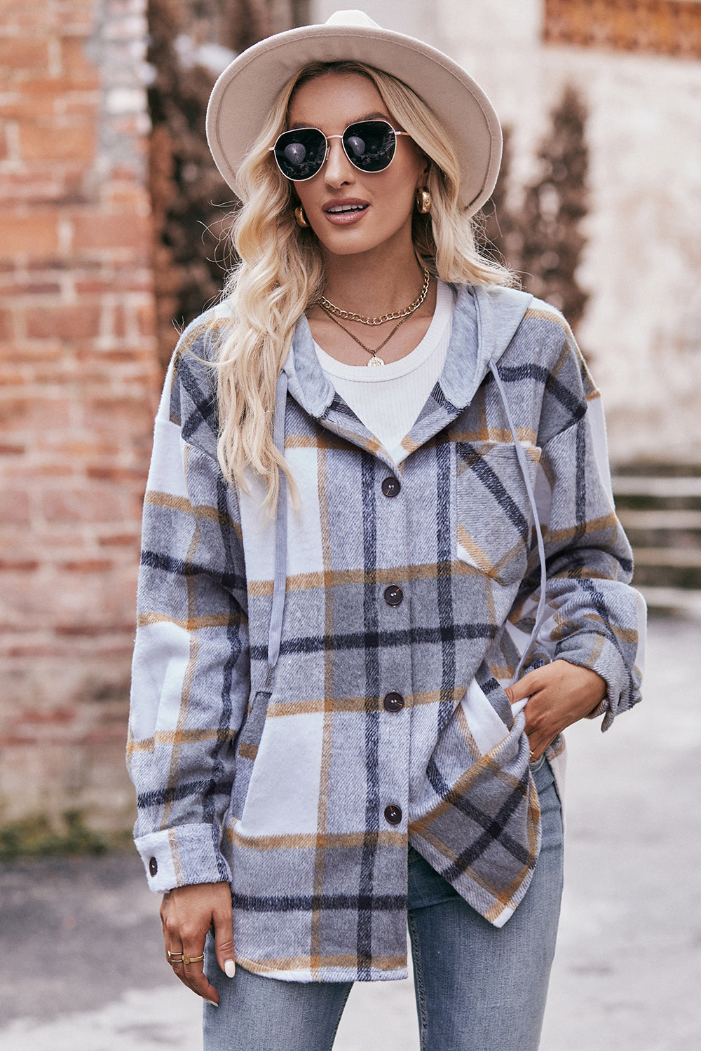 Plaid Dropped Shoulder Hooded Jacket - T - 5 COLORS -