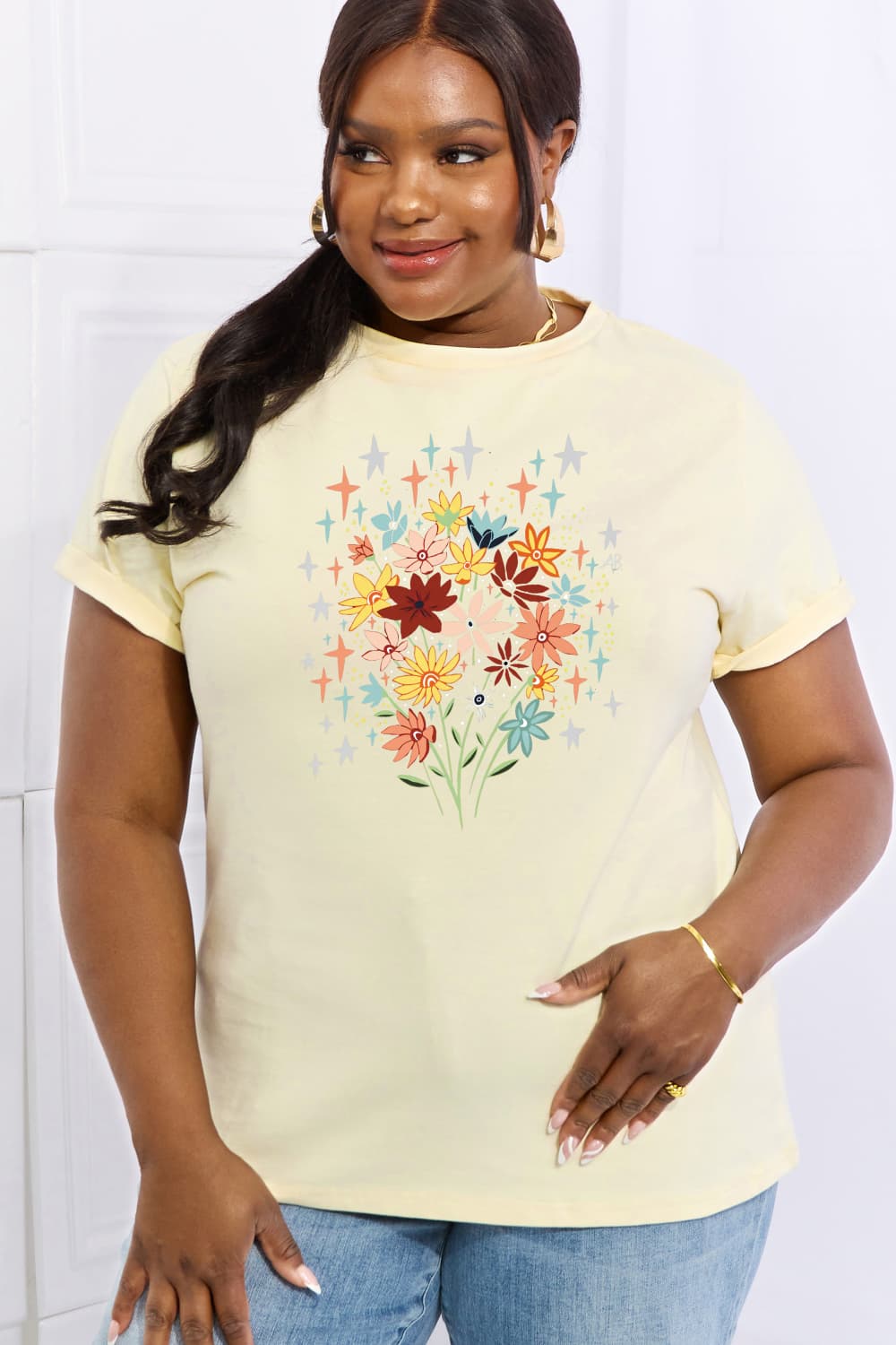 Simply Love Full Size Floral Graphic Cotton Tee - T - 2 COLORS -