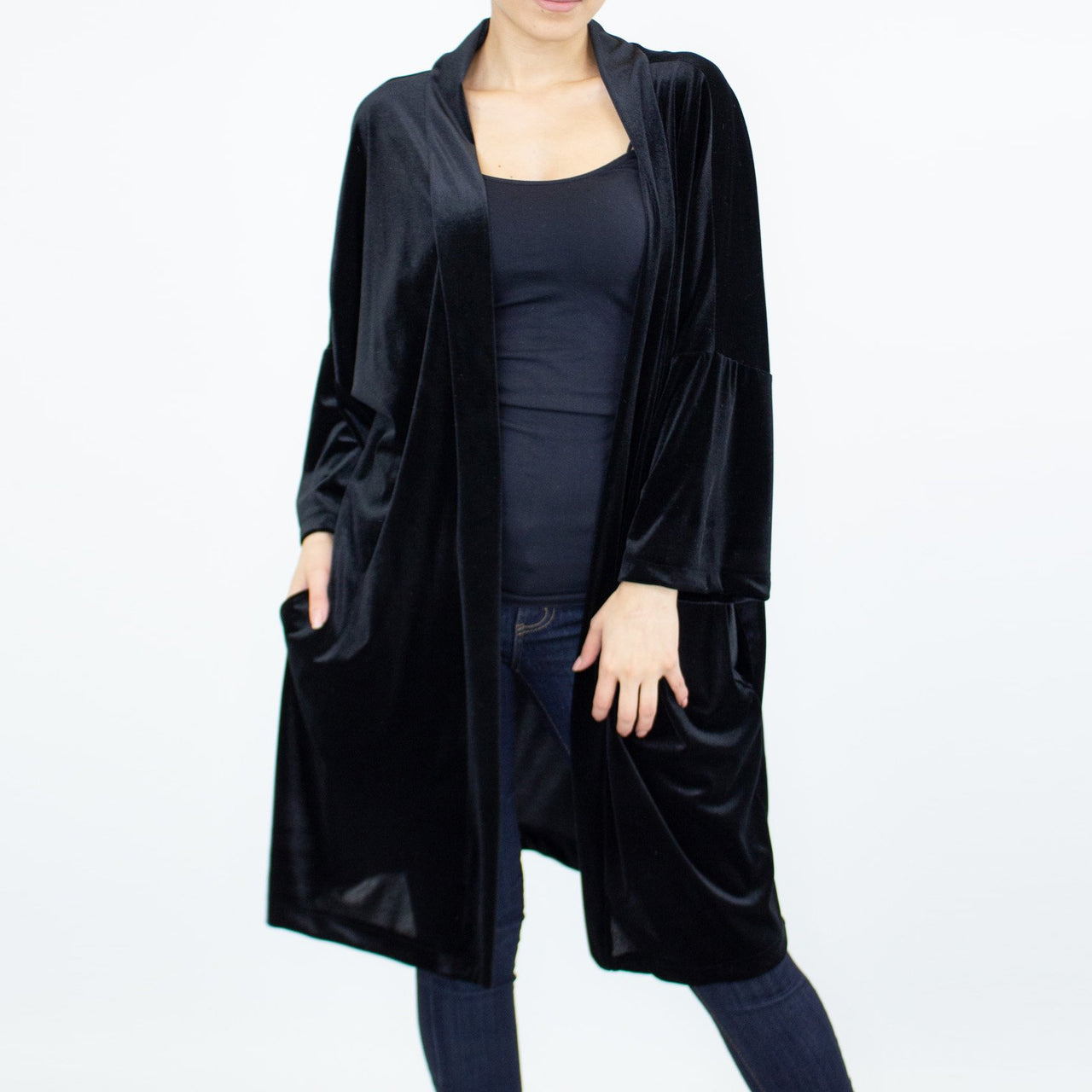 Stylespect - Velvet Kimono Cardigan - Black - 1 COLOR -