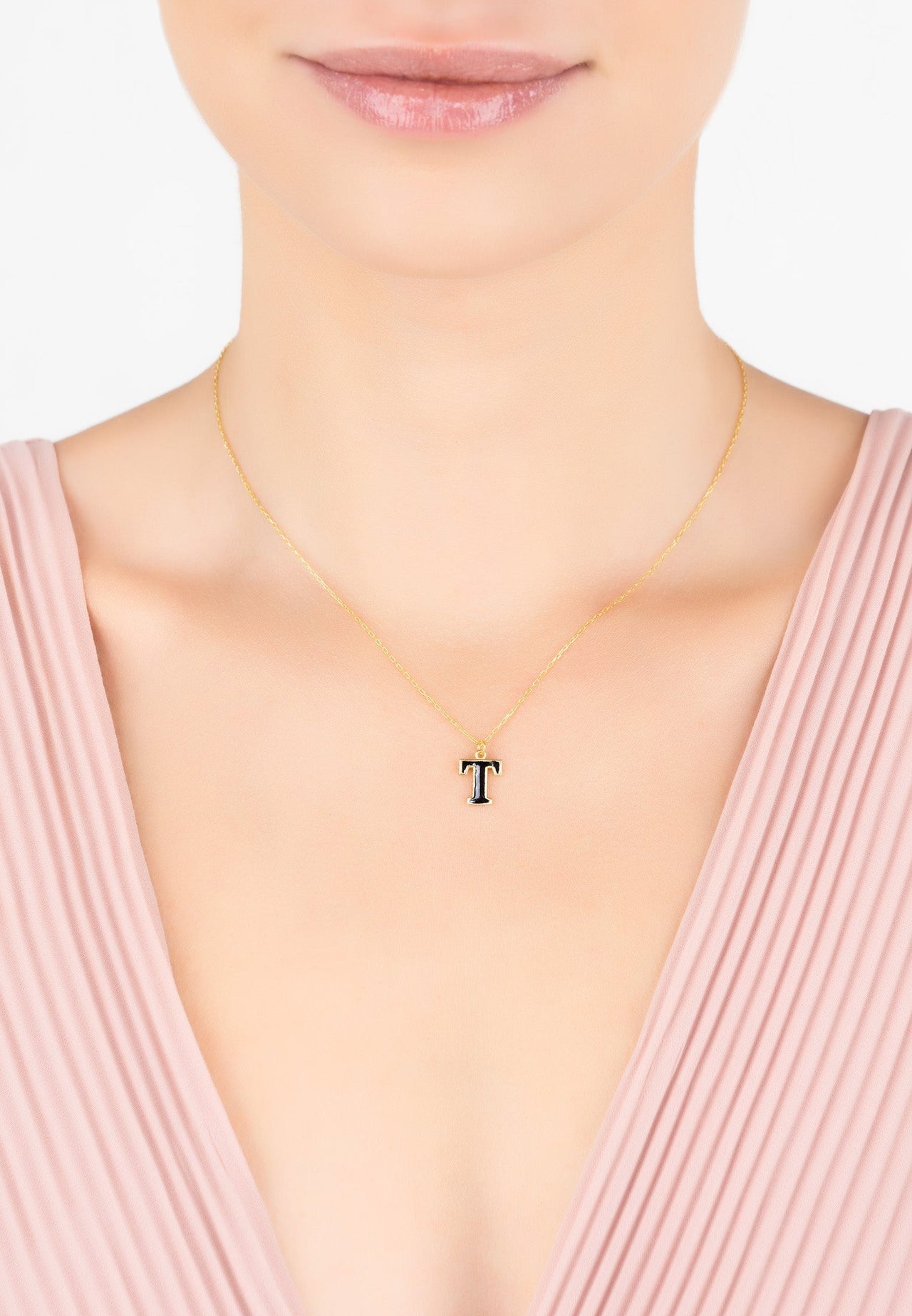 Initial Enamel Necklace Gold T -