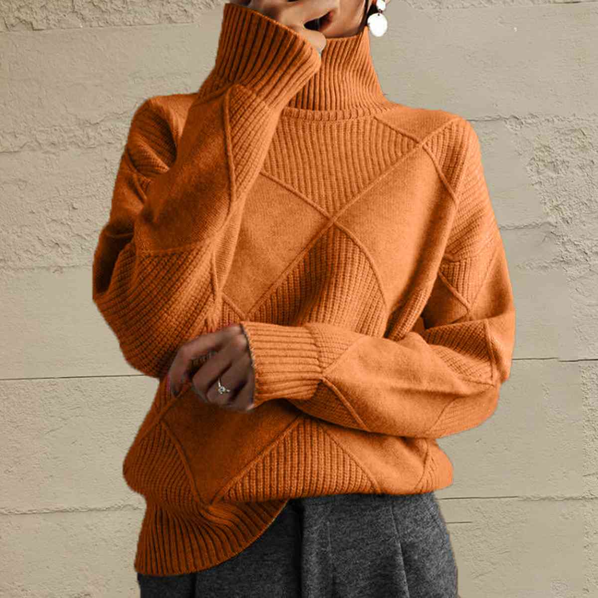 Geometric Turtleneck Long Sleeve Sweater - T - 8 COLORS -