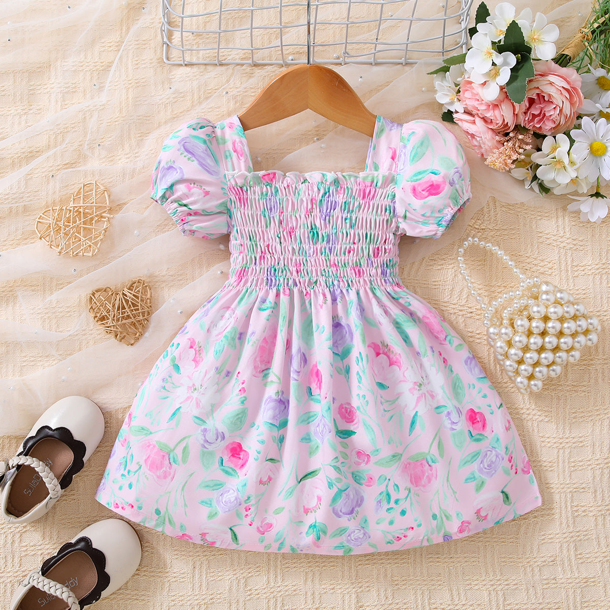 Baby Girl Floral Ruffle Trim Smocked Dress - T - 5 SIZES - 1 COLOR -