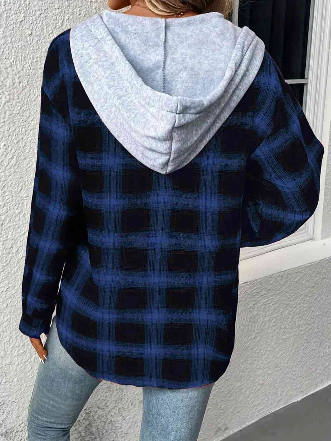 Plaid Drawstring Button Up Hooded Shirt - T - 5 COLORS -