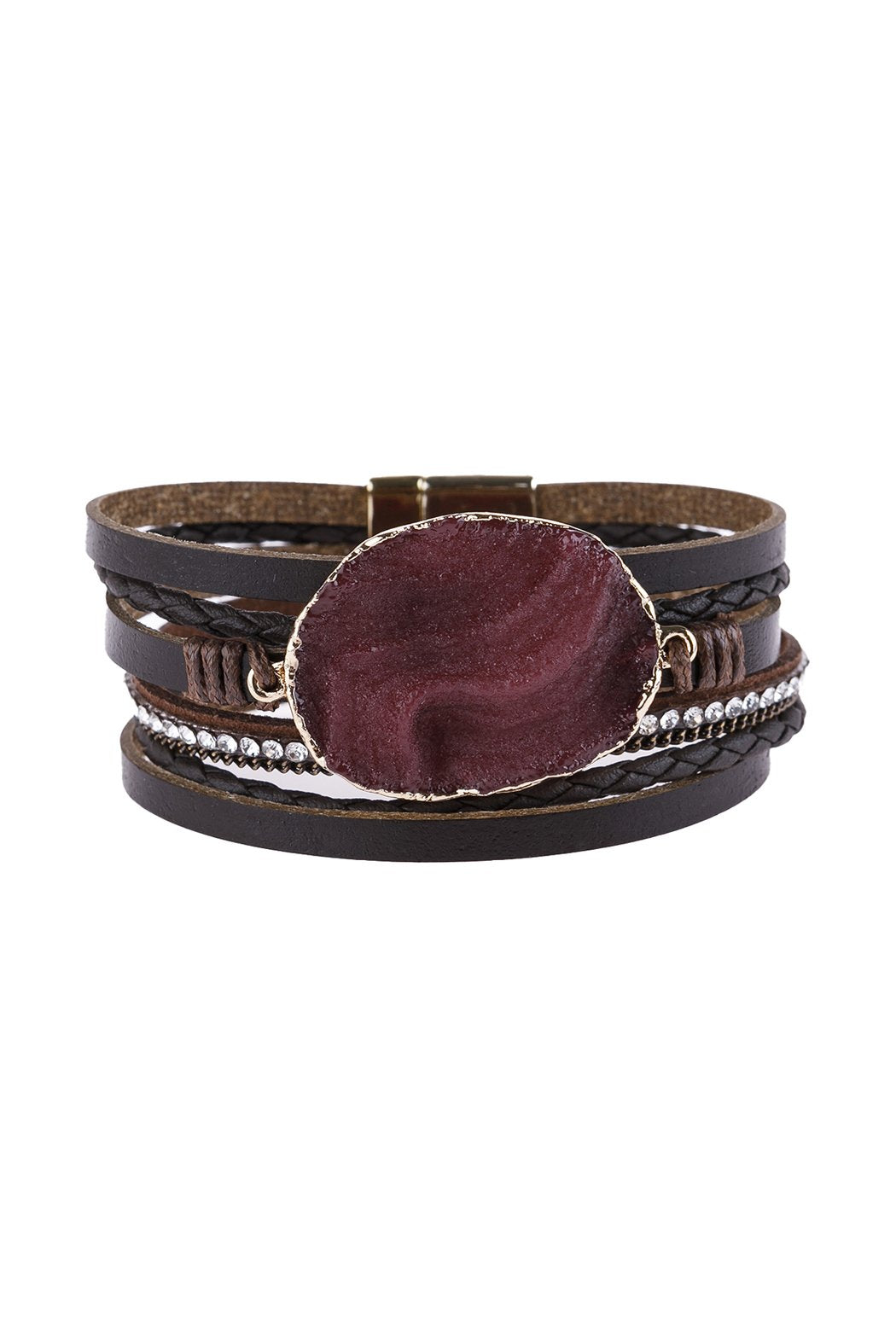 Riah Fashion - Large Semi Stone Leather Wrap Bracelet - 7 COLORS -