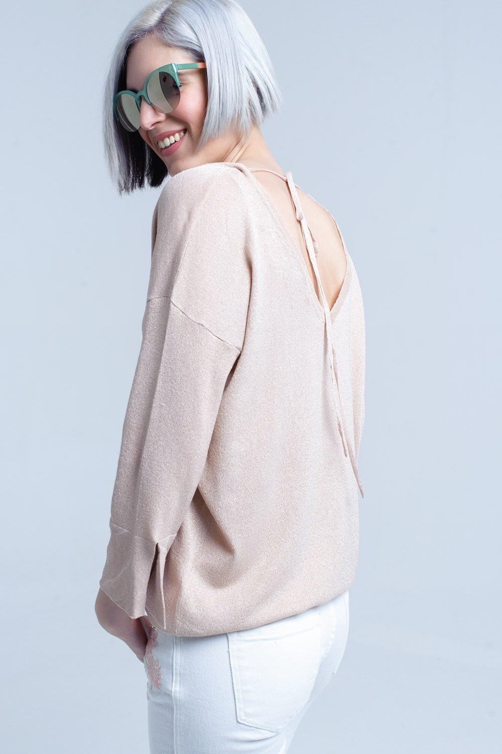 Q2 - Pink Knit Sweater With Gold Lurex Detail - 1 COLOR -