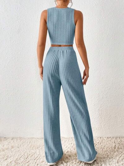 Ribbed Round Neck Tank and Pants Cropped Sweater Set - 2 PCS. - T - 5 COLORS -