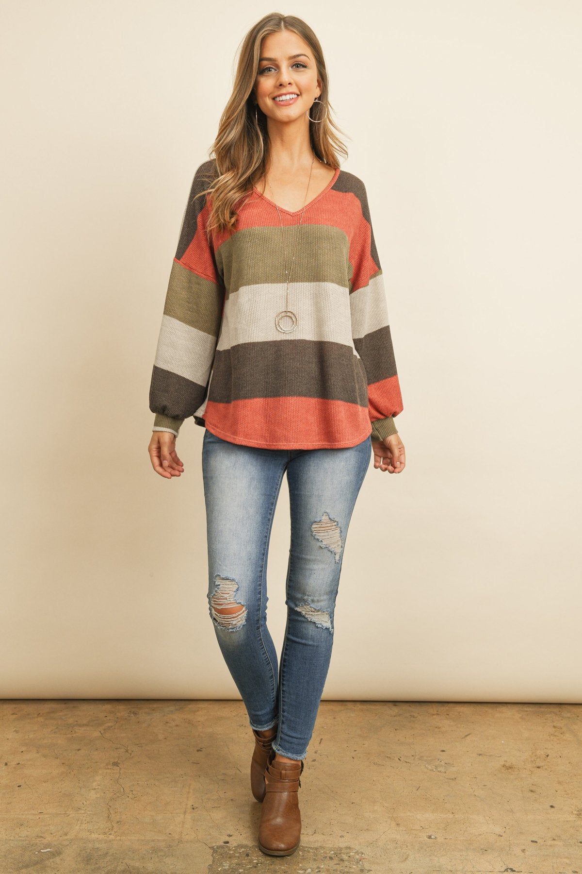 Riah Fashion - Rib Multicolor Stripes V-Neck Puff Sleeves Top - 3 COLORS -