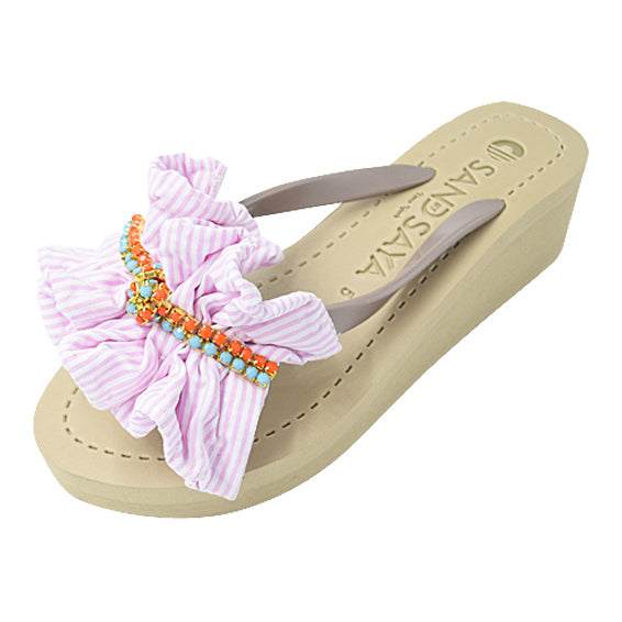 SAND BY SAYA N.Y. - Pink Hudson - Stipe Ruffle Mid Wedge Flip Flops - 2 COLORS -