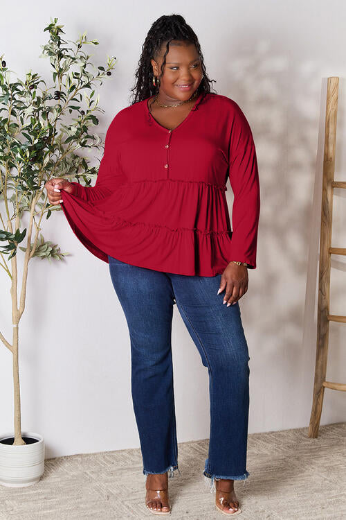 Double Take Half Button Long Sleeve Ruffle Hem Blouse - SIZES S THRU 3XL - T - 7 COLORS -