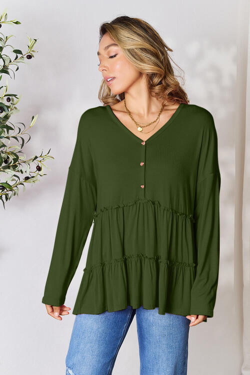 Double Take Half Button Long Sleeve Ruffle Hem Blouse - SIZES S THRU 3XL - T - 7 COLORS -