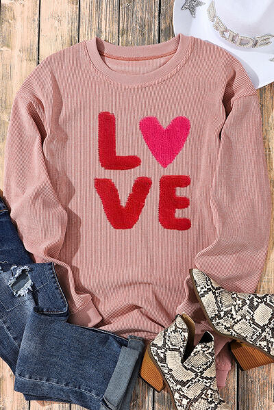 LOVE Round Neck Dropped Shoulder Sweatshirt - T - 1 COLOR -