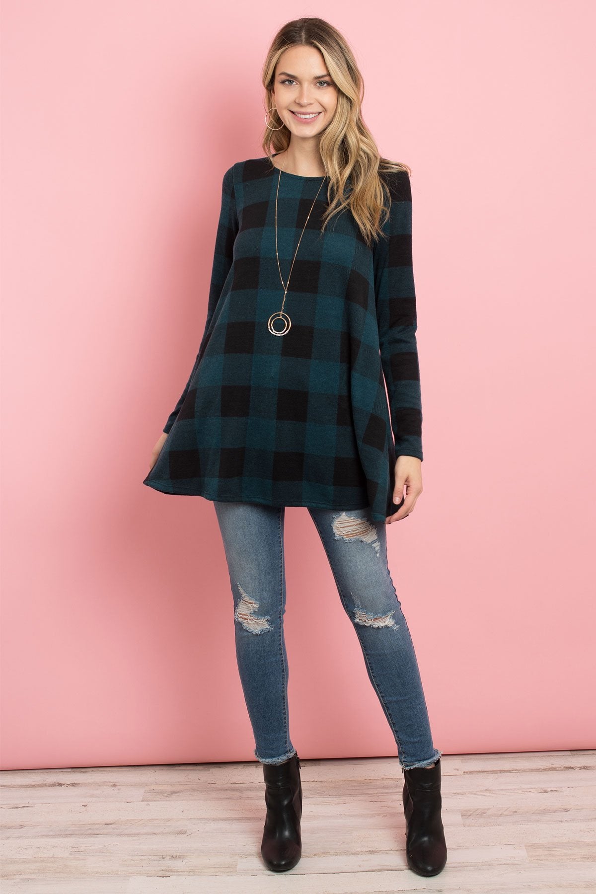 Riah Fashion - Plaid Long Sleeves A-Line Top - 4 COLORS -