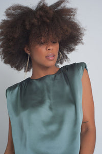 Thumbnail for Q2 - Gathered Satin Shoulder Pad Sleeveless Top in Green - 1 COLOR