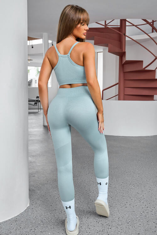 Tank Cropped Active Top and Pants Set - 3 PCS. - T - 5 COLORS -