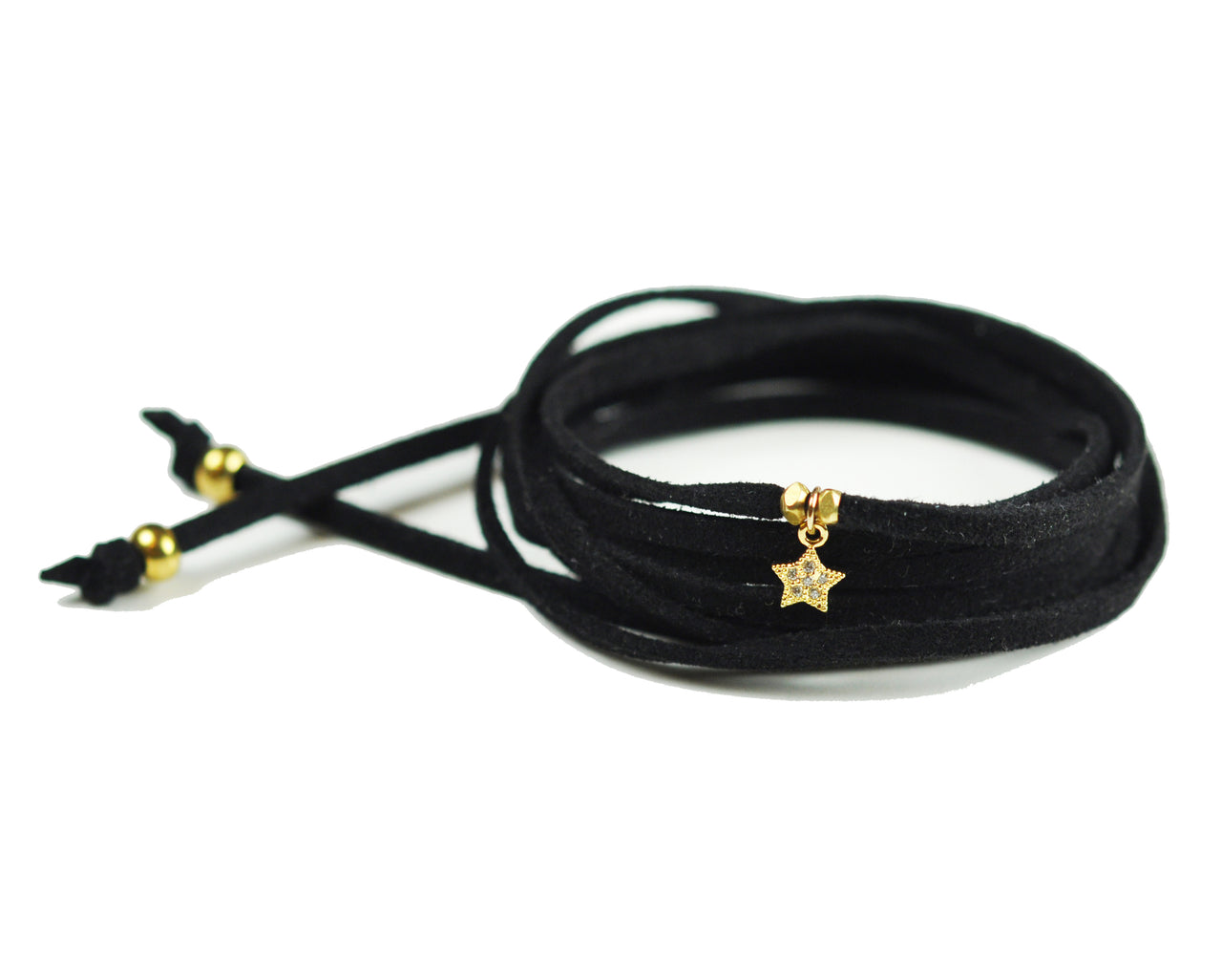 Gena Myint - Lucky Star Black Suede Wrap Bracelet -