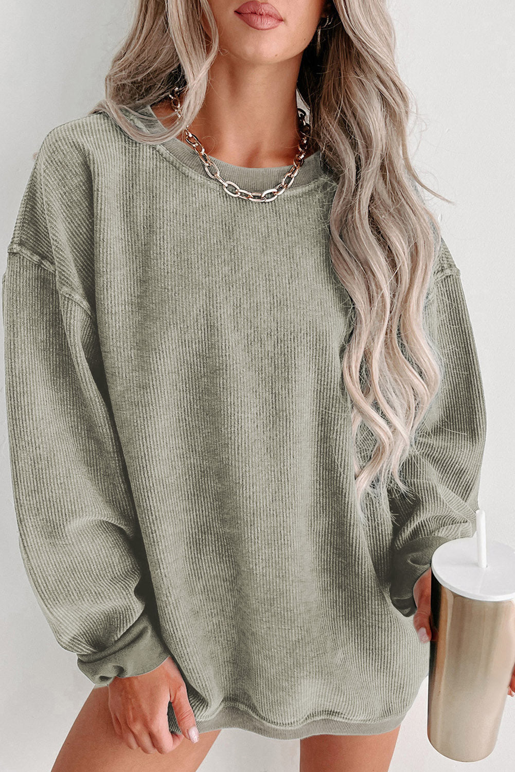 Round Neck Dropped Shoulder Sweatshirt - T - 1 COLOR -